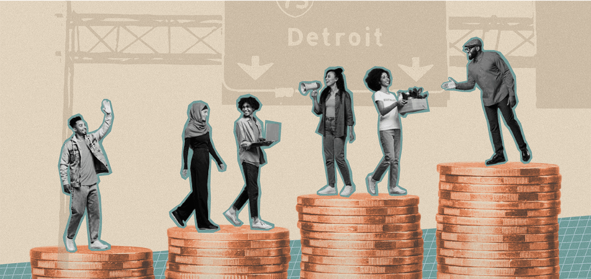 An illustration of diverse people standing on stacks of money in front of a highway sign that says "Detroit" (via ILSR)